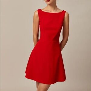 Rihoas Red Boat Neck High Waisted Mini Dress
